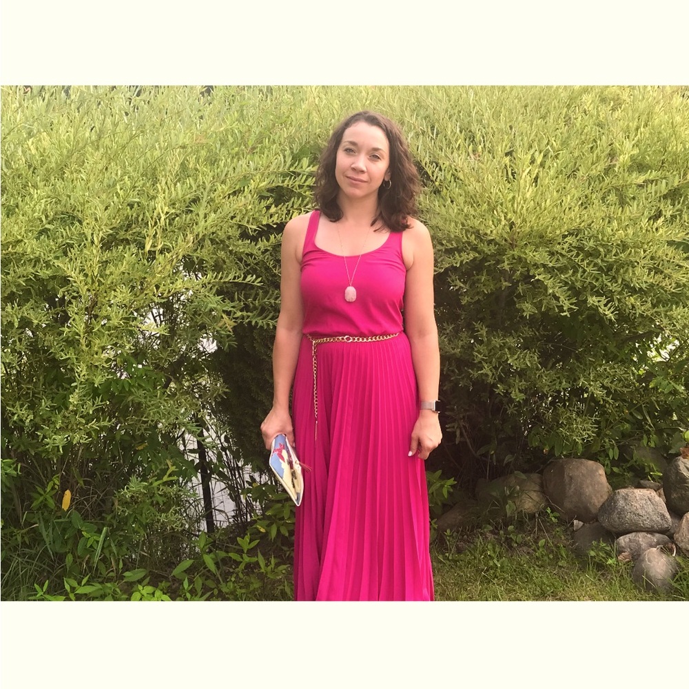 Michael Kors Pleated Pink Maxi dress and gold chain belt